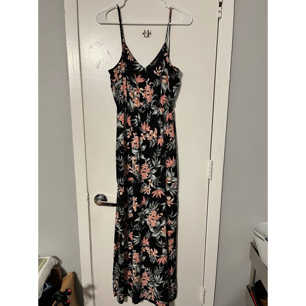 H&M Divided Black Pink Floral Tropical Maxi Dress Side Slit Elastic Waist Size 4